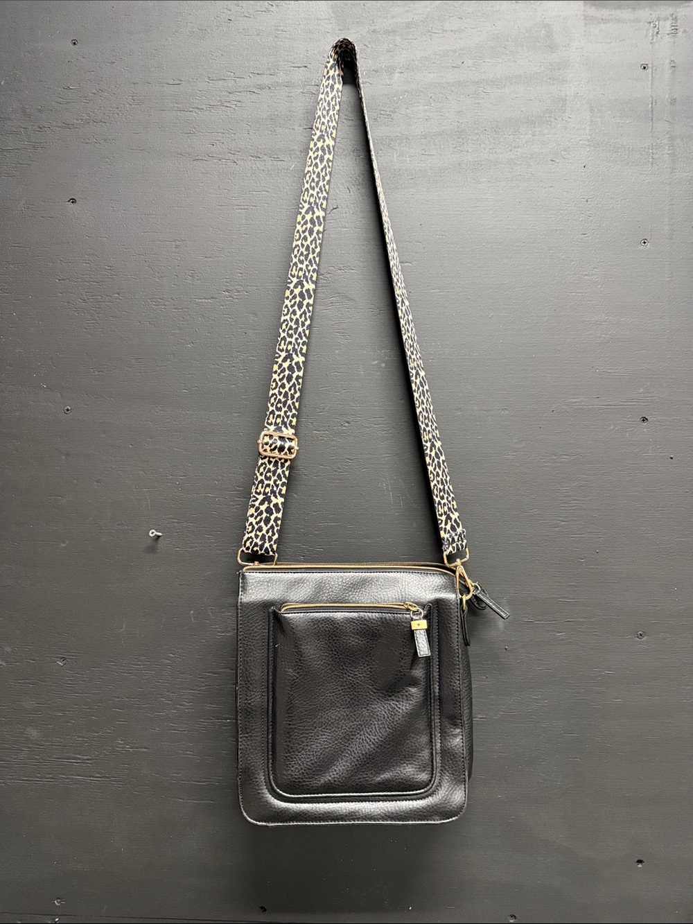 Relic Black Pebbled Leather Crossbody with Leopard-Print Strap